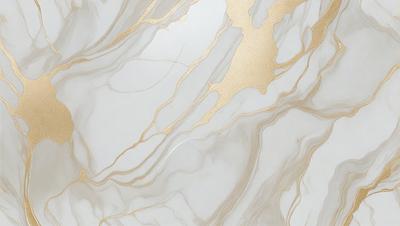 The primary subject of the image is a marble countertop with a gold-colored design. The setting is a kitchen, and the visual style is a close-up of the marble countertop. The colors and mood of the image are predominantly white and gold, giving it a luxurious and elegant appearance.