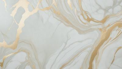 The primary subject of the image is a marble-like surface with a gold-colored pattern. The setting is a white background, and the visual style appears to be a combination of a photo and digital art. The colors and mood of the image are predominantly white and gold, creating a luxurious and elegant atmosphere.