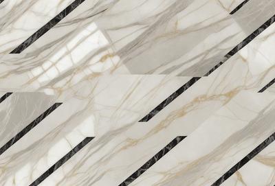 The primary subject of the image is a marble tile with a patterned design. The setting is a room with a marble floor, and the visual style is a close-up of the tile. The colors and mood of the image are predominantly white and gray, giving it a clean and elegant appearance.