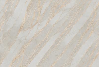 The primary subject of the image is a marble wall with a pattern of gold and brown stripes. The setting is a room with a white background, and the visual style is a close-up of the marble wall. The colors and mood of the image are warm and elegant, with the gold and brown stripes adding a touch of sophistication to the overall atmosphere.