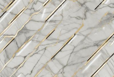 The primary subject of the image is a marble wall with a gold stripe. The setting is a room with a white marble wall, and the visual style is a photo. The dominant colors are white and gold, creating a luxurious and elegant atmosphere.