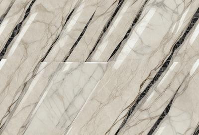 The primary subject of the image is a marble tile with a white and grey color scheme. The setting is a bathroom, as indicated by the presence of a marble countertop. The visual style is a close-up of the marble tile, showcasing its texture and pattern. The colors and mood of the image are predominantly neutral, with a touch of elegance and sophistication.