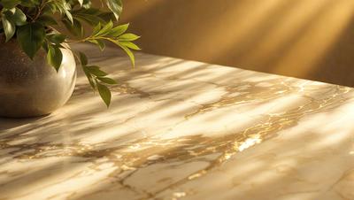 The primary subject of the image is a marble table with a plant on it. The table is set against a backdrop of a wall, and the overall atmosphere is warm and inviting. The visual style of the image is a photo, capturing the natural beauty of the marble table and the plant. The colors in the image are predominantly neutral, with the marble table and the plant providing a sense of elegance and sophistication.