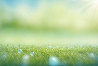 The primary subject of the image is a lush green field with a bright sun shining on it. The setting is a grassy area with a clear blue sky in the background. The visual style is a photo, capturing the natural beauty of the scene. The colors and mood are vibrant and serene, with the sunlight creating a warm and inviting atmosphere.