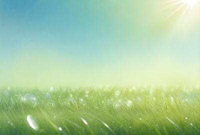 The primary subject of the image is a lush green field with a blue sky in the background. The field is filled with water droplets, giving it a sparkling and refreshing appearance. The visual style of the image is a photo, capturing the beauty of the natural environment. The colors and mood of the image are predominantly green and blue, creating a serene and calming atmosphere.