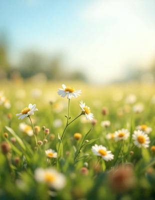 Primary subject: A white flower with yellow petals, surrounded by a field of white flowers.

Setting/background: A grassy field with a blue sky in the background.

Visual style: A photo of a flower in a field.

Colors and mood: The dominant colors are white and yellow, creating a bright and cheerful atmosphere.