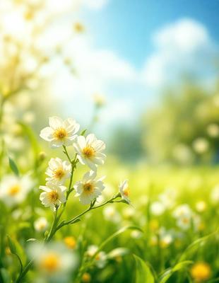 Primary subject: White flowers in a field.

Setting/background: A field of grass with a blue sky in the background.

Visual style: Digital art.

Colors and mood: The image is predominantly white, with the flowers being the main focus. The blue sky in the background adds a sense of calmness and tranquility to the scene.