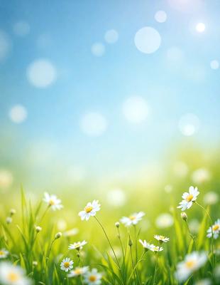Primary subject: White flowers in a field.
Setting/background: A field of grass with a blue sky in the background.
Visual style: Digital art.
Colors and mood: The image is predominantly white, with the flowers being the main focus. The blue sky in the background adds a sense of calmness and tranquility to the scene.