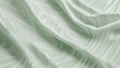 The primary subject of the image is a green fabric, which appears to be a piece of cloth or a curtain. The setting is a room with a wall, and the visual style is a close-up of the fabric. The colors and mood of the image are predominantly green, giving it a calm and soothing atmosphere.
