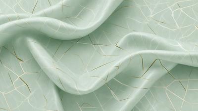 The primary subject of the image is a green fabric with a pattern of gold and white. The setting is a close-up of the fabric, showcasing its intricate design. The visual style is a combination of digital art and illustration, creating a unique and eye-catching pattern. The colors and mood of the image are predominantly green, gold, and white, giving it a fresh and elegant appearance.