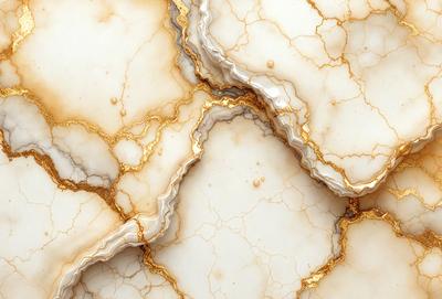 The primary subject of the image is a marble surface with a gold-colored vein running through it. The setting is a room with a white marble wall, and the visual style is a close-up of the marble surface. The colors and mood of the image are predominantly white and gold, giving it a luxurious and elegant appearance.