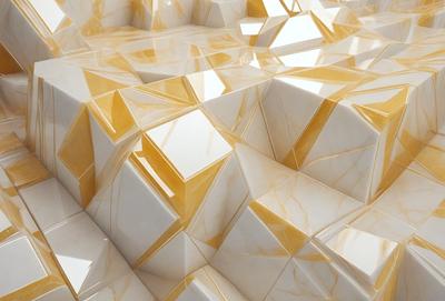 The primary subject of the image is a large, intricate, and colorful marble wall. The setting is a room with a white marble floor, and the visual style is a combination of photo and digital art. The colors and mood of the image are vibrant and lively, with a focus on the marble's unique patterns and textures.