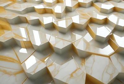 The primary subject of the image is a large, intricate marble design. The setting is a white marble surface, which serves as the background. The visual style is a combination of photo and digital art, creating a unique and eye-catching pattern. The colors and mood of the image are predominantly white and yellow, giving it a warm and elegant appearance.