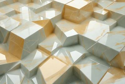 The primary subject of the image is a large, intricate marble tile pattern. The setting is a white marble surface, which serves as the background. The visual style is a combination of photo and digital art, creating a unique and eye-catching design. The colors and mood of the image are predominantly white and neutral, giving it a clean and elegant appearance.
