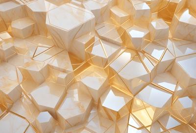 The primary subject of the image is a large, intricate, and ornate marble design. The setting is a white marble surface, which serves as the background. The visual style is a combination of photo and digital art, creating a unique and eye-catching pattern. The colors and mood of the image are predominantly white and gold, giving it a luxurious and elegant appearance.