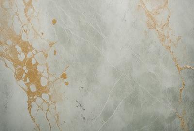 The primary subject of the image is a white marble wall with a pattern of yellow spots. The setting is a room with a grey background. The visual style is a photo of the marble wall. The dominant colors are white and yellow, creating a clean and warm atmosphere.