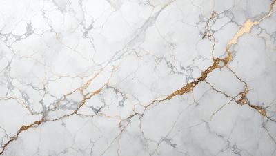 The primary subject of the image is a marble wall with a gold-colored streak running through it. The setting is a white marble surface, which serves as the background. The visual style is a close-up of the marble wall, showcasing the gold streak and the marble texture. The colors and mood of the image are predominantly white and gold, giving it a luxurious and elegant appearance.