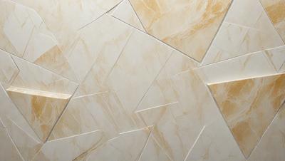 The primary subject of the image is a white tile wall with a pattern of triangles. The setting is a room with a white tile floor. The visual style is a close-up of the wall, showcasing the intricate design of the tiles. The colors and mood of the image are predominantly white, giving it a clean and minimalist appearance.