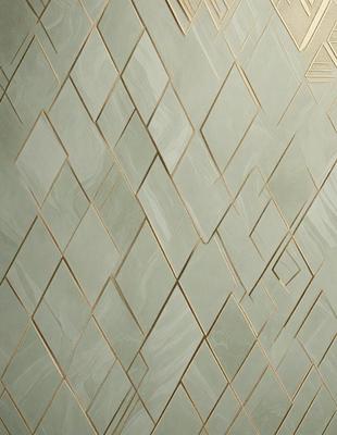 The primary subject of the image is a patterned wall made of tiles. The setting is a room with a patterned wall, and the visual style is a close-up of the tiled wall. The colors and mood of the image are predominantly green and gold, giving the wall a warm and inviting appearance.