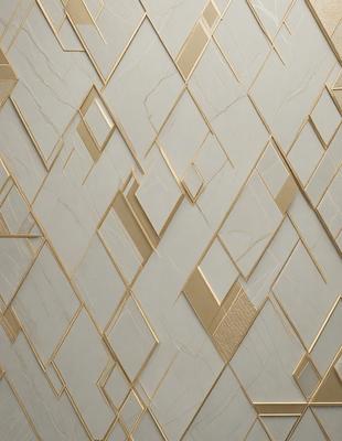 The primary subject of the image is a wall with a pattern of gold and white squares. The setting is a room with a white and gold wallpaper. The visual style is a close-up of the wallpaper, showcasing the intricate design. The dominant colors are gold and white, creating a warm and elegant atmosphere.