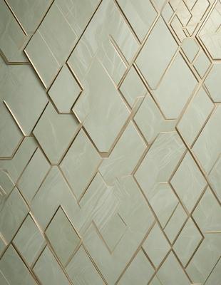 The primary subject of the image is a wall with a patterned design. The setting is a room with a tiled wall, and the visual style appears to be a combination of digital art and illustration. The dominant colors in the image are green and gold, creating a warm and inviting atmosphere.