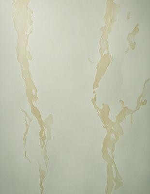 The primary subject of the image is a white wall with brown stains on it. The setting is a room with a white wall, and the visual style appears to be a painting or drawing. The colors and mood of the image are dominated by the white wall and the brown stains, creating a somewhat dull and unappealing atmosphere.