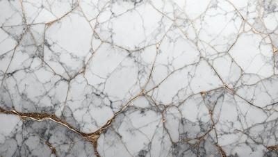 The primary subject of the image is a marble wall with a gold-like pattern. The setting is a white marble wall, and the visual style is a close-up of the marble pattern. The colors and mood of the image are predominantly white and gold, creating a luxurious and elegant atmosphere.