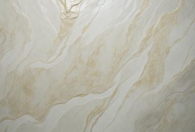 The primary subject of the image is a marble wall with a unique and intricate design. The setting is a room with a white background, which highlights the marble wall. The visual style is a combination of a photo and digital art, creating a realistic yet artistic representation of the marble wall. The colors and mood of the image are predominantly white, giving it a clean and elegant appearance.