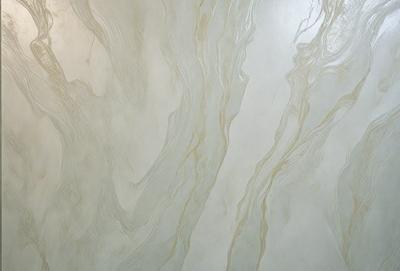 The primary subject of the image is a marble wall with a patterned texture. The setting is a room with a white background. The visual style is a close-up of the marble wall, showcasing its intricate design. The colors and mood of the image are predominantly white, giving it a clean and elegant appearance.
