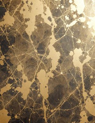 The primary subject of the image is a gold-colored wallpaper with a pattern of gold and black. The setting is a room with a gold-colored wall, and the visual style is a close-up of the wallpaper. The colors and mood of the image are warm and luxurious, with the gold and black pattern creating a sense of sophistication and elegance.