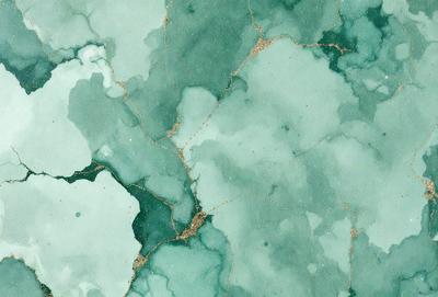 The image features a green marble-like surface with a pattern of gold and blue. The primary subject is the marble, which is the main object, scene, or focus of the image. The setting is a close-up of the marble, showcasing its unique pattern. The visual style is a close-up of the marble, which gives it a realistic and textured appearance. The colors and mood of the image are predominantly green, blue, and gold, creating a sense of luxury and eleg