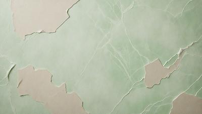 The primary subject of the image is a green wall with a pattern of peeling paint. The setting is a room with a green wall, and the visual style is a close-up of the wall. The colors and mood of the image are predominantly green, with a slightly worn and aged appearance due to the peeling paint.