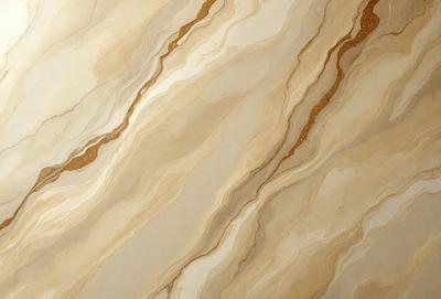 The primary subject of the image is a marble wall with a gold-colored pattern. The setting is a room with a marble floor, and the visual style is a close-up of the marble wall. The colors and mood of the image are warm and elegant, with the gold pattern adding a touch of luxury to the marble surface.
