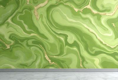 The primary subject of the image is a green and gold wallpaper with a mossy texture. The setting is a room with a green and gold wallpapered wall. The visual style is a patterned wallpaper, and the colors and mood are lush and vibrant.