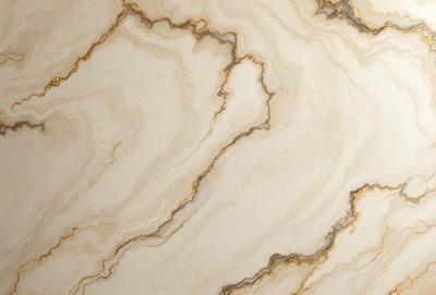 The primary subject of the image is a marble countertop with a gold vein running through it. The setting is a kitchen, and the visual style is a close-up of the marble countertop. The colors and mood of the image are predominantly white and gold, giving it a luxurious and elegant appearance.