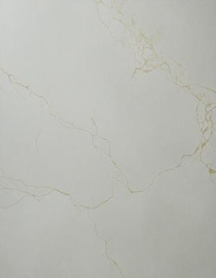 The primary subject of the image is a white marble wall with a gold-colored, textured surface. The setting is a room with a white background, and the visual style appears to be a photo. The colors and mood of the image are predominantly white and gold, creating a luxurious and elegant atmosphere.