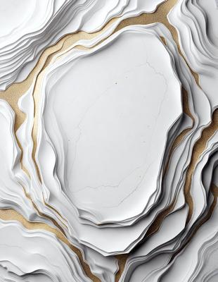 The primary subject of the image is a white plate with a gold border. The plate is placed on a marble surface, which adds to the overall visual style. The setting appears to be a patterned or textured background, possibly a wallpaper or a textile. The colors and mood of the image are predominantly white and gold, giving it a sophisticated and elegant appearance.