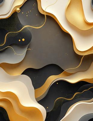 The primary subject of the image is a large, intricate, and colorful artwork featuring a combination of gold, black, and white colors. The setting is a wall, and the visual style appears to be a mix of digital art and illustration. The artwork is displayed on a wall, and the overall atmosphere is vibrant and eye-catching.