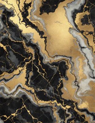 The primary subject of the image is a marble-like surface with gold accents. The setting is a black and gold marble-like pattern, which creates a striking contrast with the gold accents. The visual style is a combination of digital art and illustration, giving the image a unique and artistic appearance. The colors and mood of the image are predominantly black and gold, creating a luxurious and elegant atmosphere.