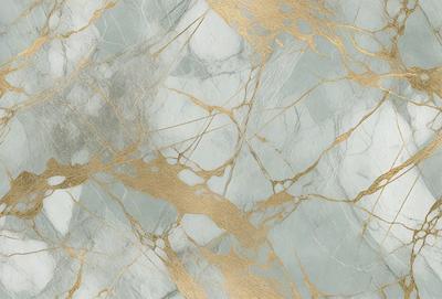 The primary subject of the image is a marble wall with a gold-colored pattern. The setting is a room with a white background. The visual style is a close-up of the marble wall, showcasing the intricate gold pattern. The colors and mood of the image are predominantly white and gold, creating a luxurious and elegant atmosphere.