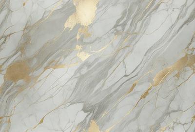 The primary subject of the image is a marble wall with a gold-colored pattern. The setting is a room with a marble floor, and the visual style is a close-up of the marble wall. The colors and mood of the image are predominantly gold and white, creating a luxurious and elegant atmosphere.