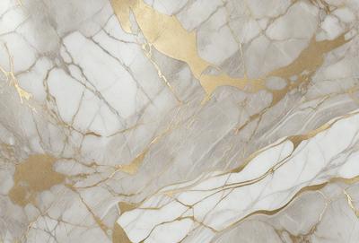 The primary subject of the image is a marble wall with gold accents. The setting is a room with a marble floor. The visual style is a combination of a photo and digital art, creating a unique and elegant appearance. The dominant colors are white and gold, giving the space a luxurious and sophisticated atmosphere.