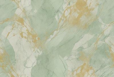 The primary subject of the image is a green and gold marble wallpaper. The setting is a bathroom, and the visual style is a patterned wallpaper. The dominant colors are green and gold, creating a warm and inviting atmosphere.