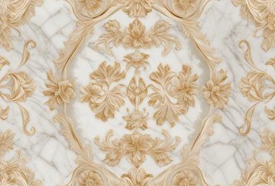 The primary subject of the image is a decorative carving or design on a marble surface. The setting is a marble wall, and the visual style appears to be a combination of a photo and a drawing. The colors and mood of the image are predominantly white, giving it a clean and elegant appearance.
