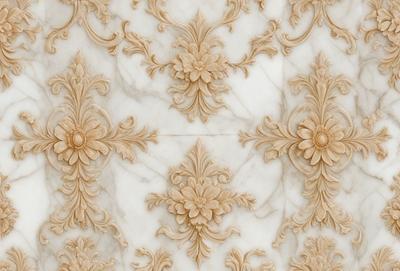 The primary subject of the image is a marble wall with intricate carvings and designs. The setting is a room with a marble wall as the main focus. The visual style is a close-up of the marble wall, showcasing the intricate details of the carvings. The colors and mood of the image are predominantly white, giving it a clean and elegant appearance.