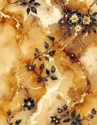 The primary subject of the image is a close-up of a marble wall with a design of flowers and leaves. The setting is a stone wall, and the visual style appears to be a combination of a photo and digital art. The dominant colors are yellow and brown, creating a warm and natural atmosphere.