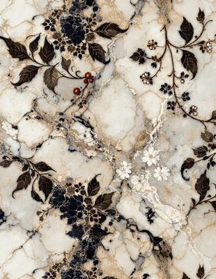 The primary subject of the image is a marble tiled floor with a pattern of leaves and berries. The setting is a room with a white marble wall, which complements the floor. The visual style is a close-up of the marble tiles, showcasing the intricate design and texture. The colors and mood of the image are predominantly white and neutral, giving it a clean and elegant appearance.