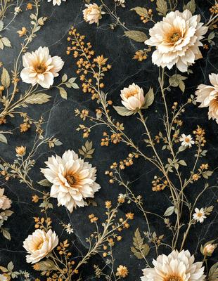The primary subject of the image is a beautiful floral pattern featuring white flowers and green leaves. The setting is a black background, which contrasts with the vibrant colors of the flowers. The visual style is a combination of photo and digital art, creating a realistic yet artistic representation of the flowers. The dominant colors are white and green, giving the image a fresh and lively atmosphere.