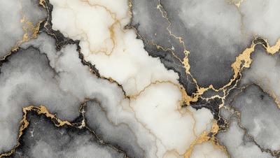 The primary subject of the image is a marble countertop with a gold-colored vein running through it. The setting is a kitchen, and the visual style is a close-up of the marble countertop. The colors and mood of the image are predominantly black and white, with the gold vein adding a touch of warmth and sophistication to the overall atmosphere.