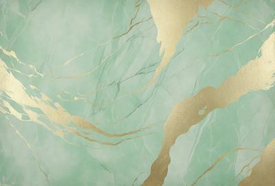 The primary subject of the image is a marble wall with a gold-colored design. The setting is a bathroom, and the visual style is a combination of a photo and digital art. The dominant colors are gold and green, creating a luxurious and elegant atmosphere.